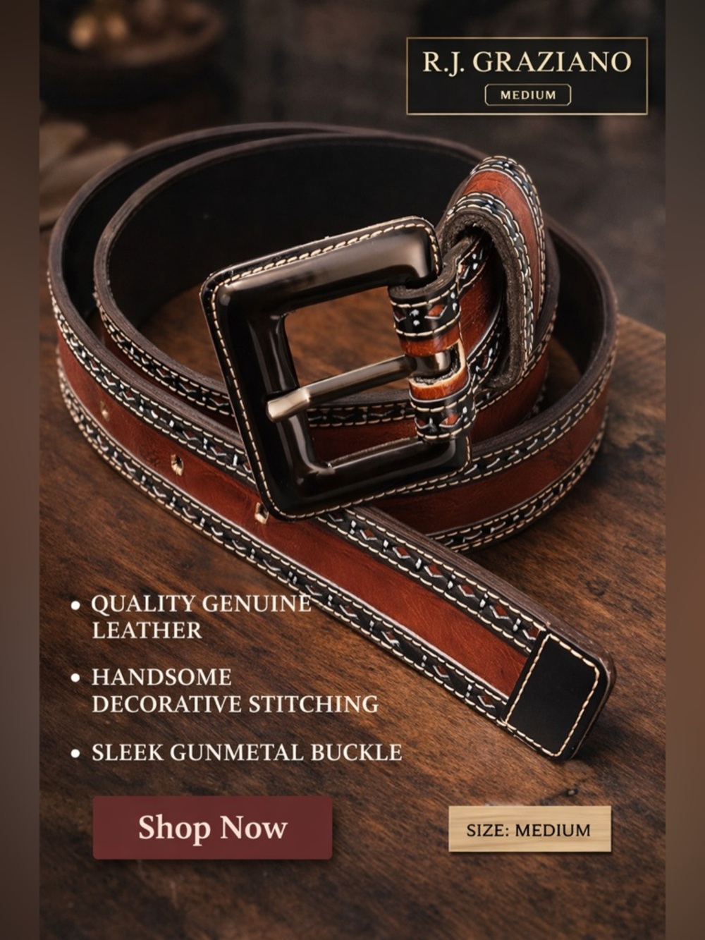 Y2K RJ Graziond,Embellished Rich Brown Leather Belt, Western Flair, EUC,Size Med